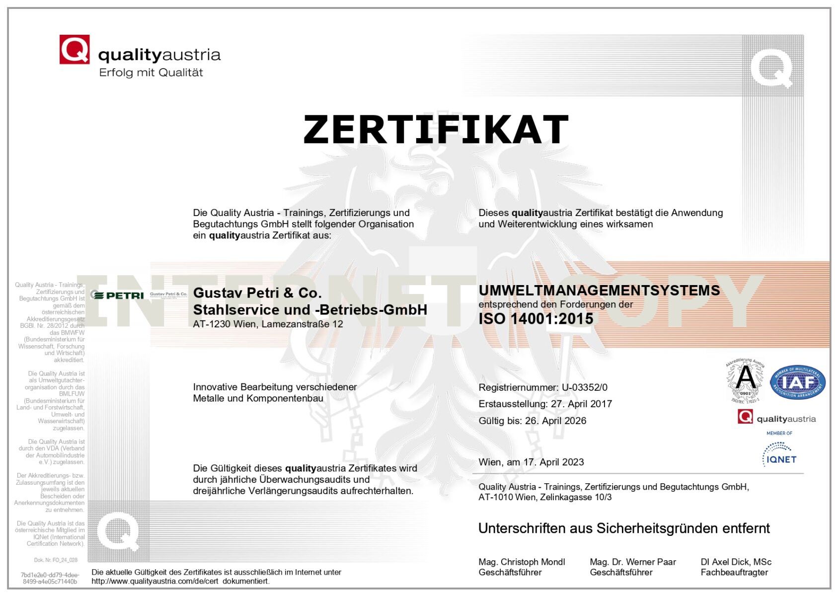 Gustav Petri Zertifikat